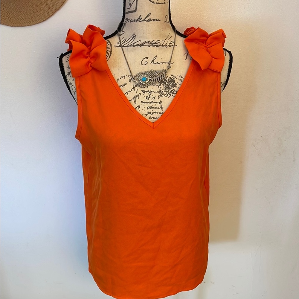 NEW SHEIN Women’s Orange V-neck Ruffled Sleeveless Top